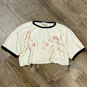 Vintage Hand Painted Flower Ringer Cropped Tee Shirt